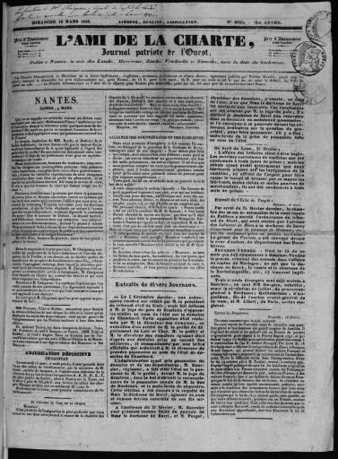 L'Ami de la Charte, journal patriote de l'Ouest, n°2655 du dimanche 10 mars 1833. | Ami de la Charte (L')